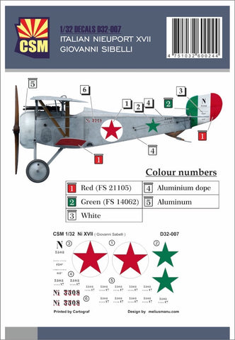 Copper State Models D32-007 1/32 Nieuport XVII Giovanni Sabelli Decal set - BlackMike Models