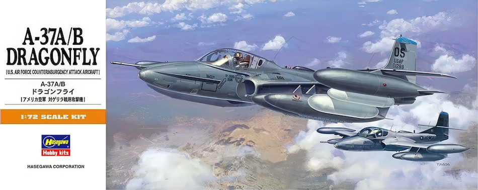 Model kit of A-37A/B Dragonfly aircraft with Hasegawa branding.