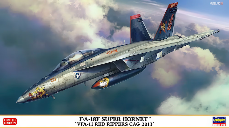 F/A-18F Super Hornet model airplane in flight with a colorful design against a cloudy sky.