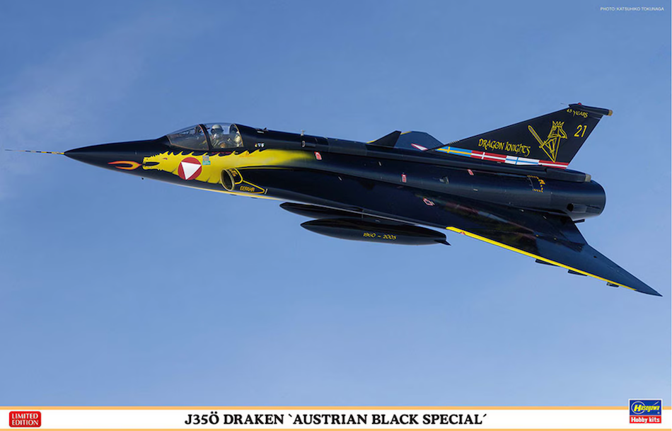 J35ö Draken aircraft with 'Austrian Black Special' livery against a clear blue sky.