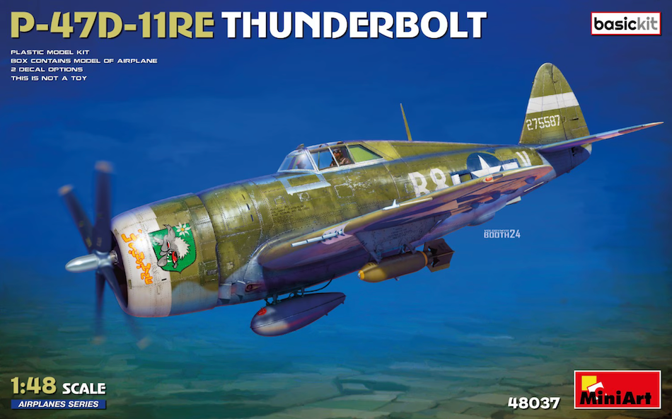 Model airplane kit of a P-47D-11RE Thunderbolt with blue sky background