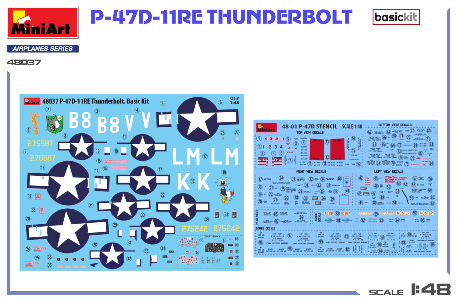 Model airplane kit packaging for P-47D-11RE Thunderbolt with decals and instructions.