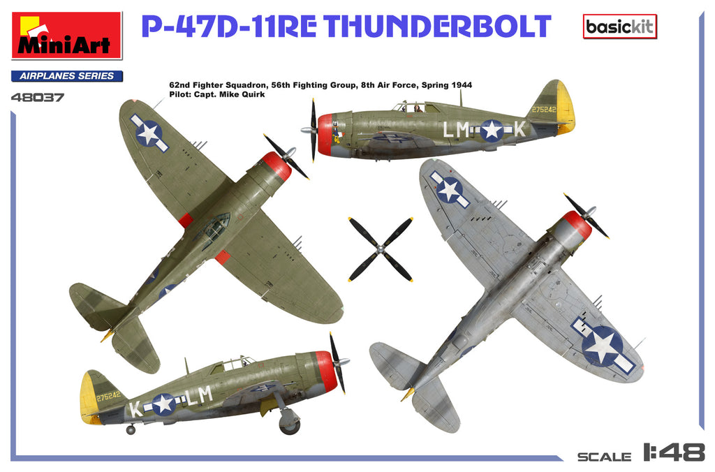 Model airplane kit packaging for P-47D-11RE Thunderbolt with detailed graphics and text.