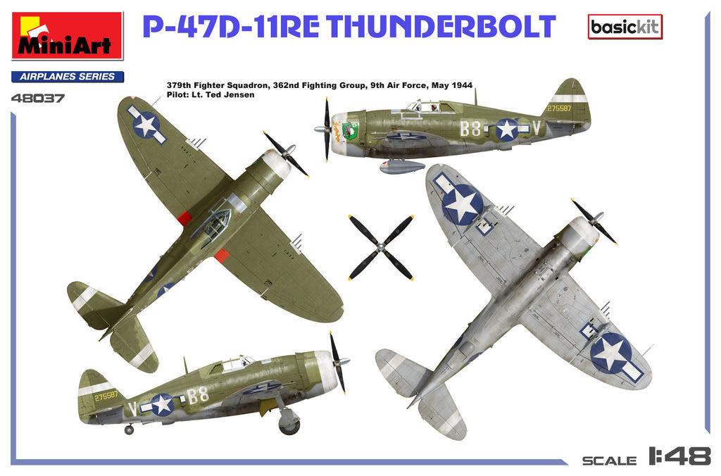 Model airplane kit packaging for P-47D-11RE Thunderbolt with four views and branding details.