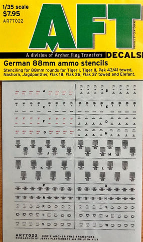 AFT Decals AR77022 1/35 German 88mm ammo stencils for Tiger I, Tiger II, PaK 43/41 towed, Nashorn, Jagdpanther, Flak 18, Flak 36, Flak 37 towed and Elefant Decal set - BlackMike Models