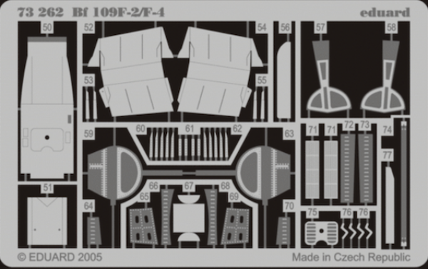 Model kit parts for a Bf 109F-2/F-4 aircraft on a black background with 'Eduard' branding.