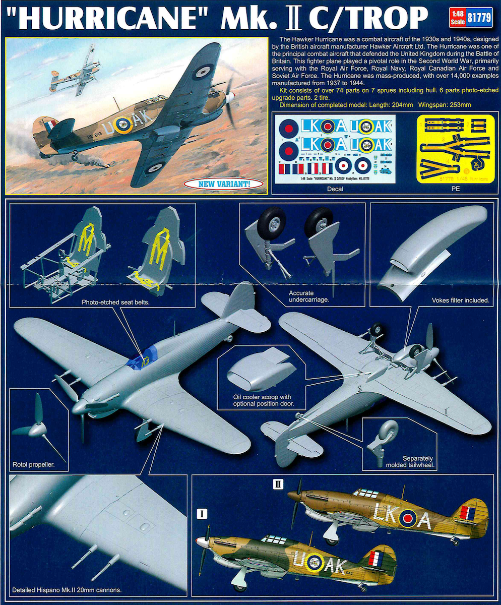 Model airplane kit packaging for Hurricane Mk.II C/Trop with detailed parts and assembly instructions.