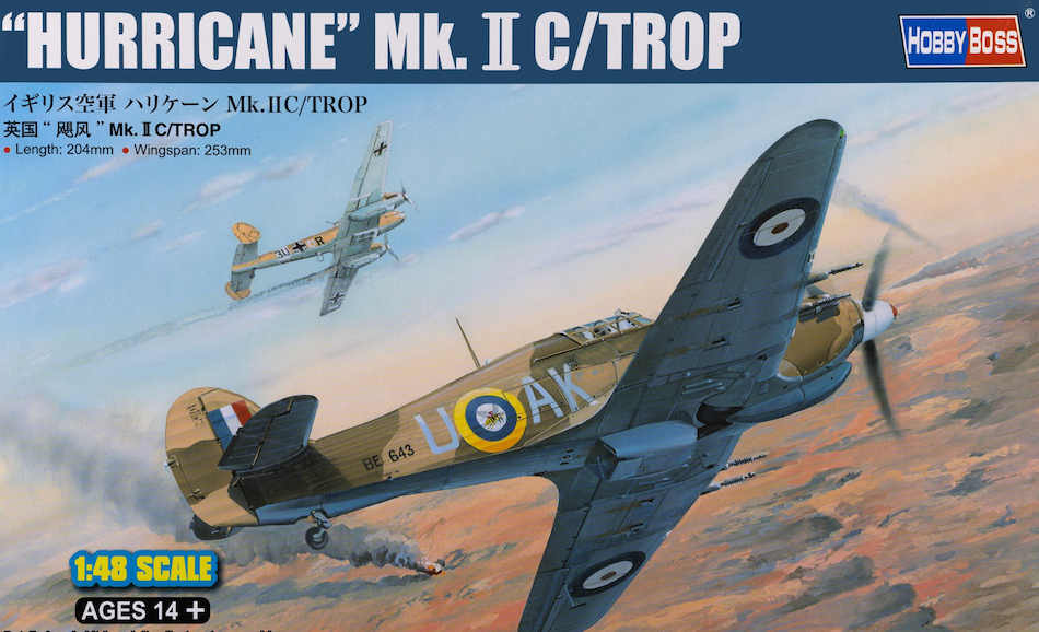 Model airplane kit of a Hurricane Mk.II C/Trop with 'Hobby Boss' branding on a blue sky background.