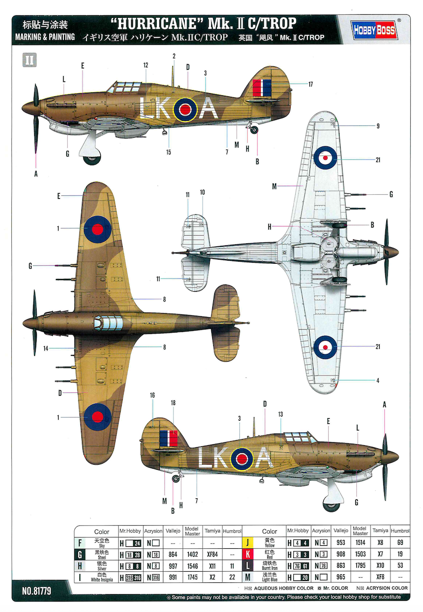 Model airplane kit diagram for 'Hurricane' Mk.II C/Trop with detailed parts and color coding.