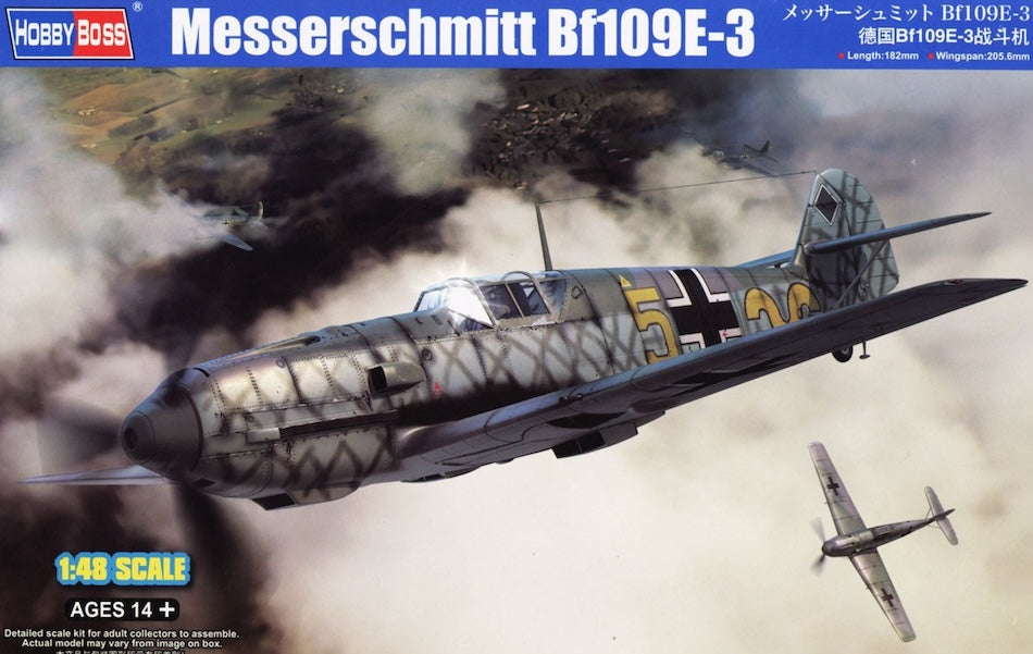 Model kit box for Messerschmitt Bf109E-3 with aircraft in the background