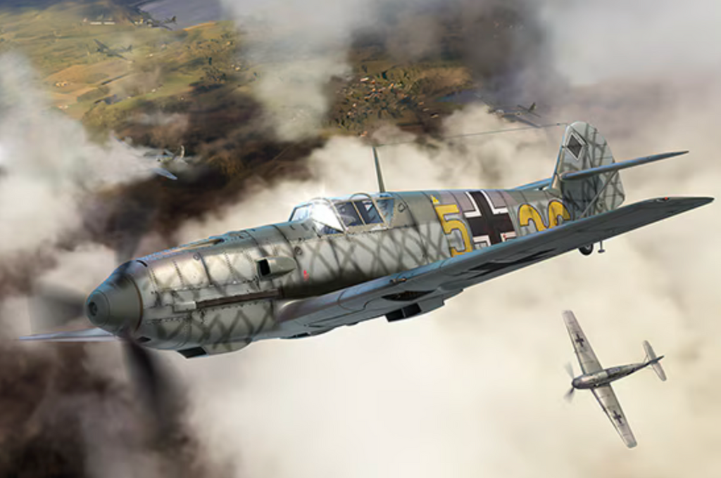 Vintage fighter plane in flight with smoke and landscape in the background