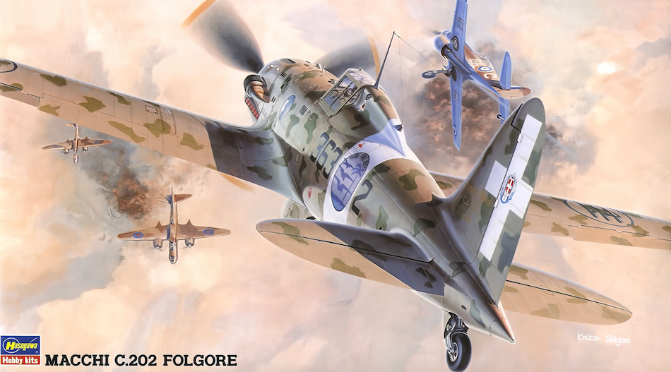 Hasegawa Model of a Macchi C.202 Folgore airplane with camouflage design in an aerial battle scene.