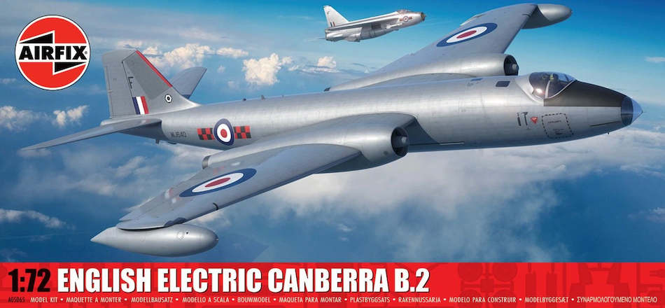 Model airplane kit of English Electric Canberra B.2 with Airfix branding against a blue sky background.