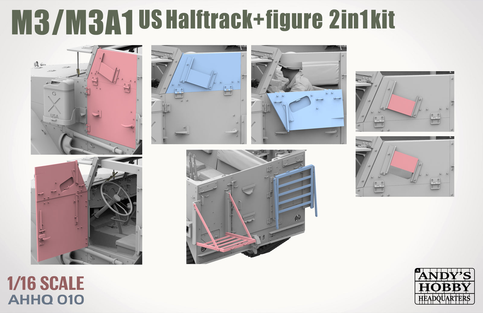 Model kit packaging for M3/M3A1 US Halftrack with figure, featuring various parts and Andy's Hobby branding.
