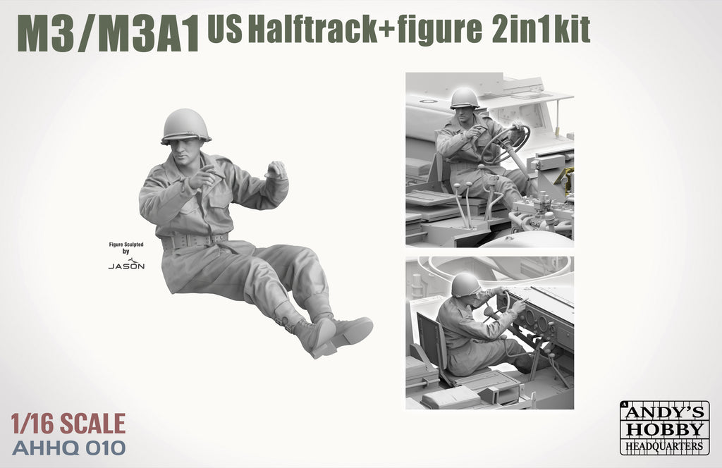 Model kit packaging for M3/M3A1 US Halftrack with figure, featuring a driver and halftrack illustration.