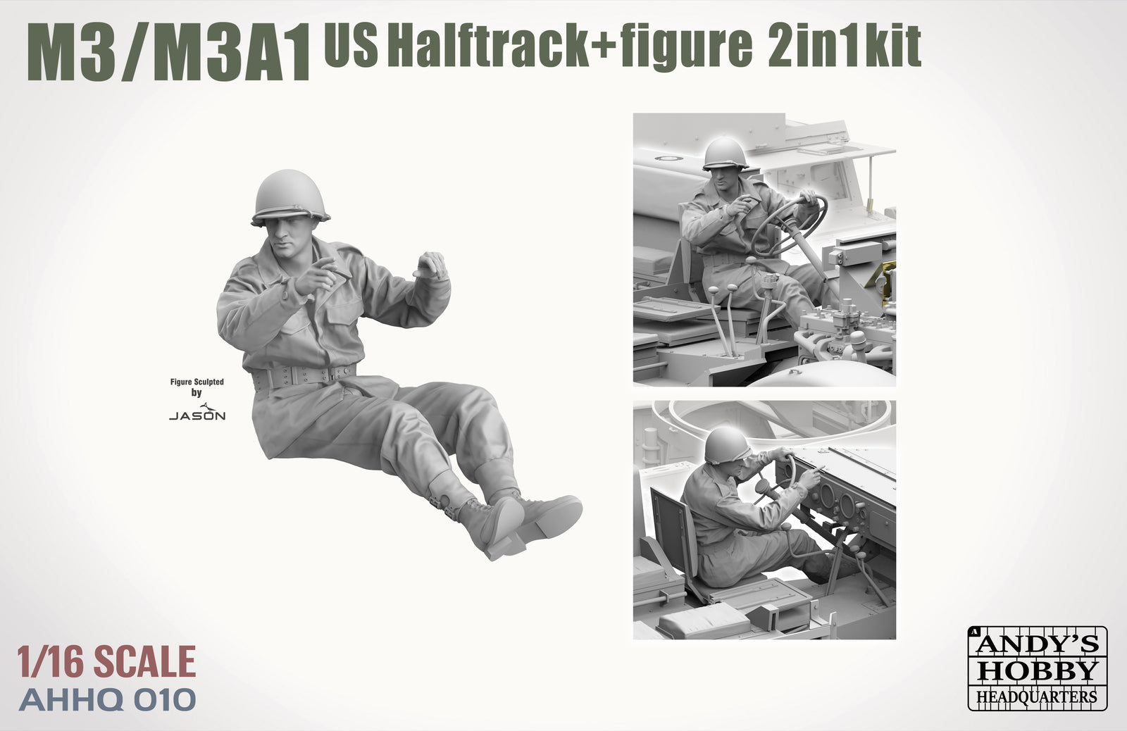 Model kit packaging for M3/M3A1 US Halftrack with figure, featuring a driver and halftrack illustration.