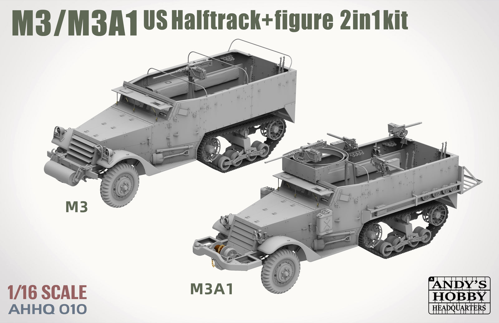 Model kit packaging for M3/M3A1 US Halftrack with figure, scale 1/16, from Andy's Hobby.