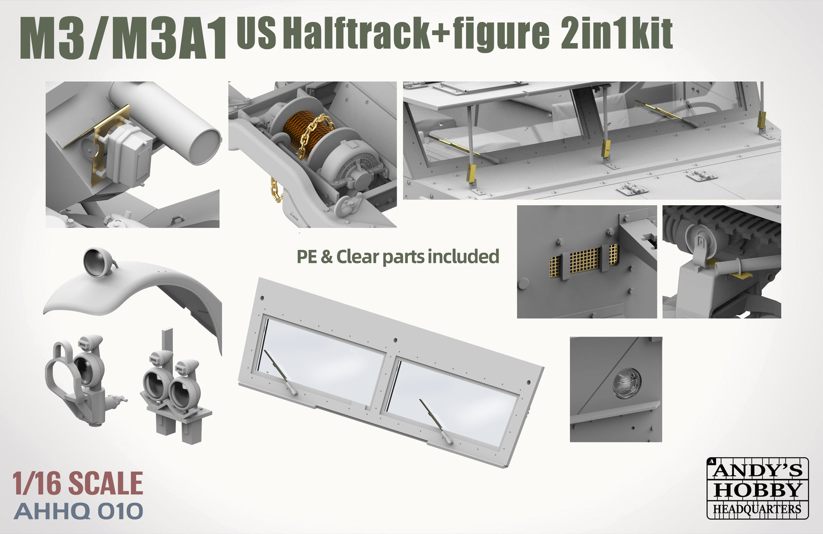 Model kit of M3/M3A1 US Halftrack with figure, featuring various parts on a white background.
