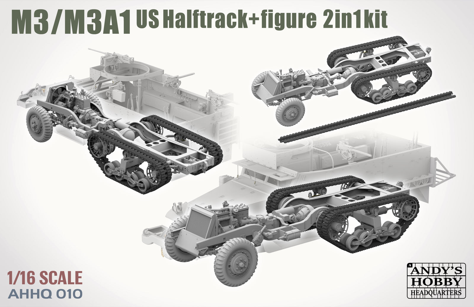 Model kit of M3/M3A1 US Halftrack with figure, scale 1/16, from Andy's Hobby.