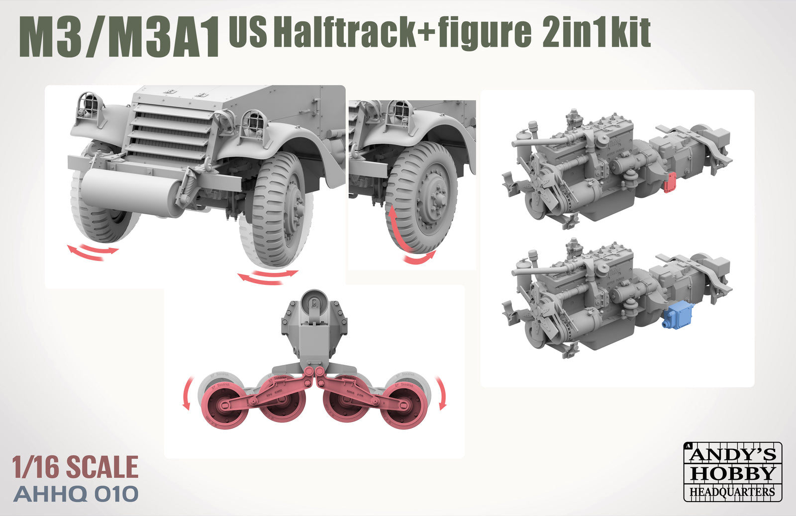 Model kit packaging for M3/M3A1 US Halftrack with figure, scale 1/16, from Andy's Hobby.