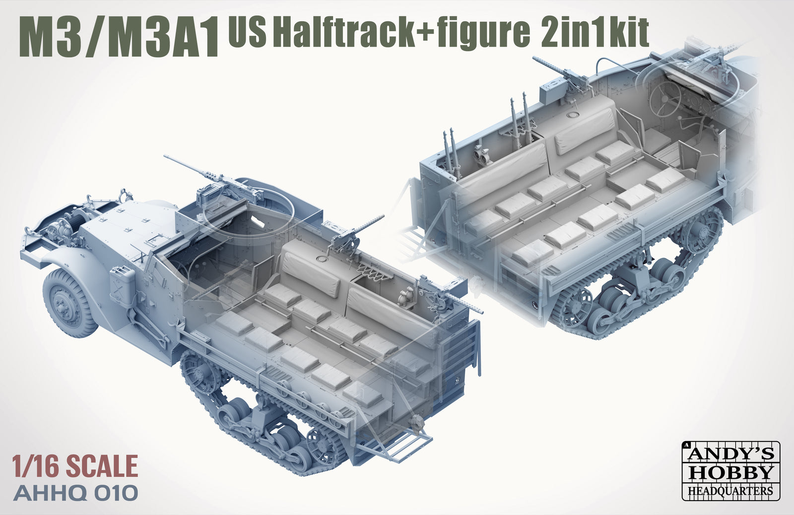 Model kit of M3/M3A1 US Halftrack with figure, 1/16 scale, from Andy's Hobby.