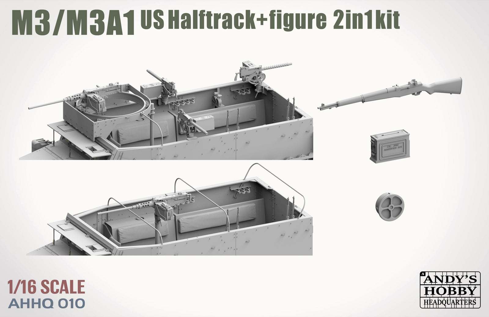 Model kit of M3/M3A1 US Halftrack with figure 2in1 on a white background, featuring Andy's Hobby logo.