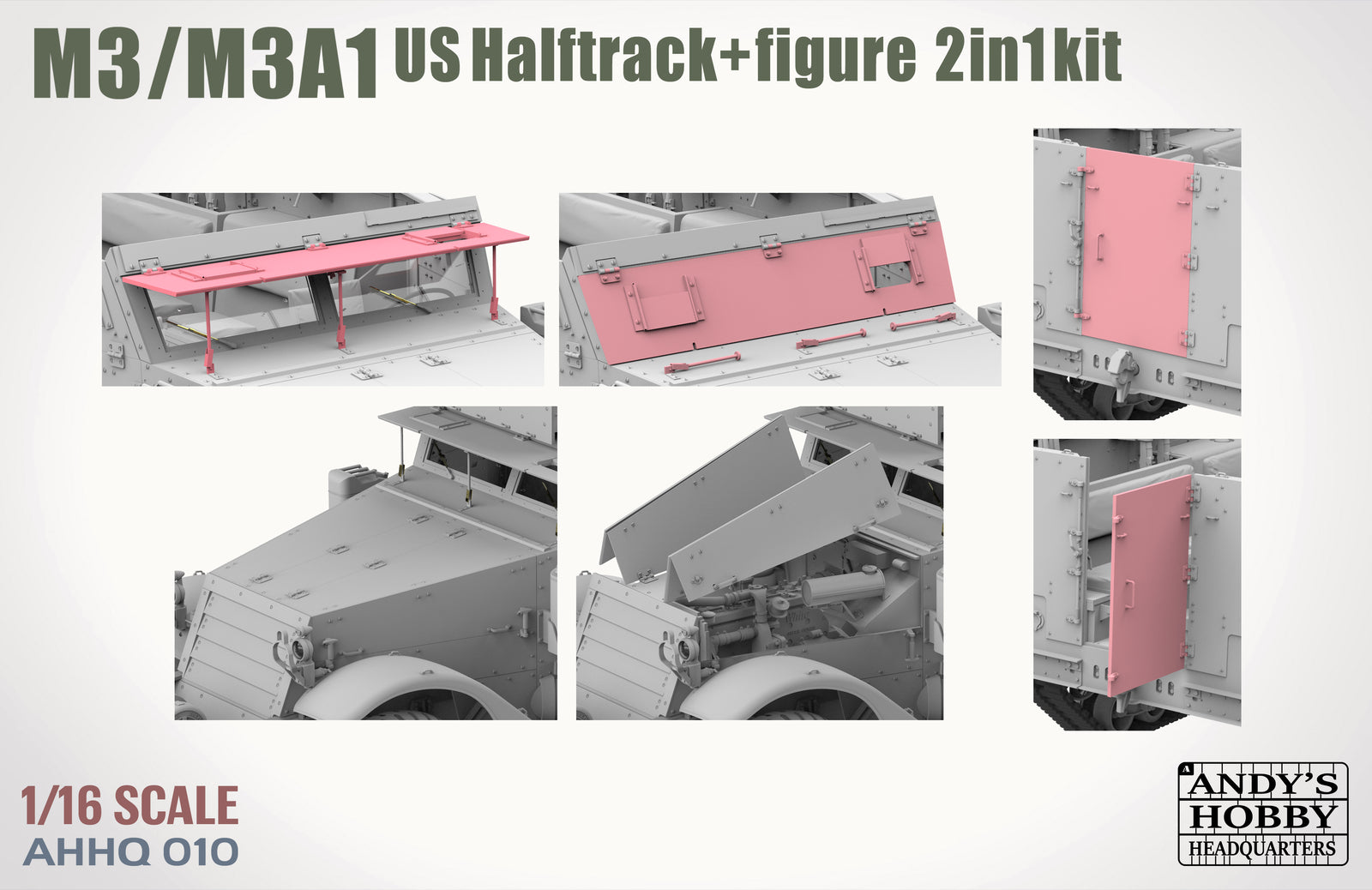 M3/M3A1 US Halftrack model kit with figure 2in1 packaging, featuring various parts and a scale indicator.