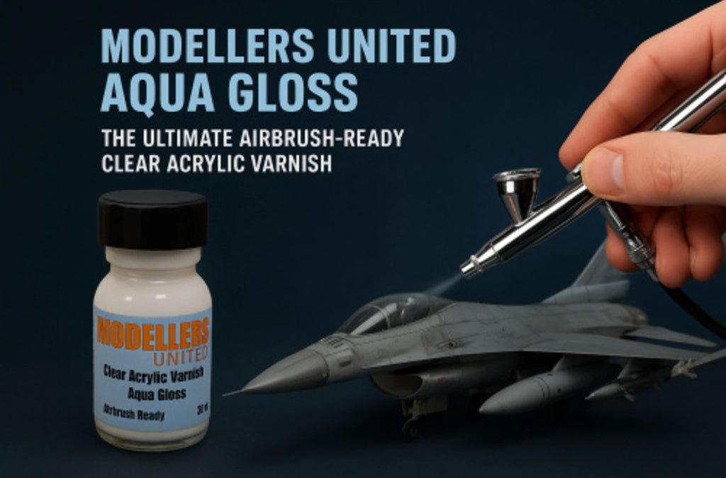 Modeler using airbrush to paint a model airplane with Modellers United Aqua Gloss clear acrylic varnish.