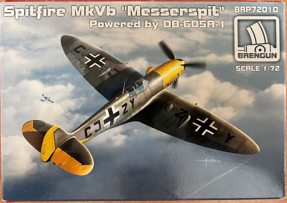 Model airplane box featuring a Spitfire MkVb 'Messerspit' with Brengun branding and scale information.