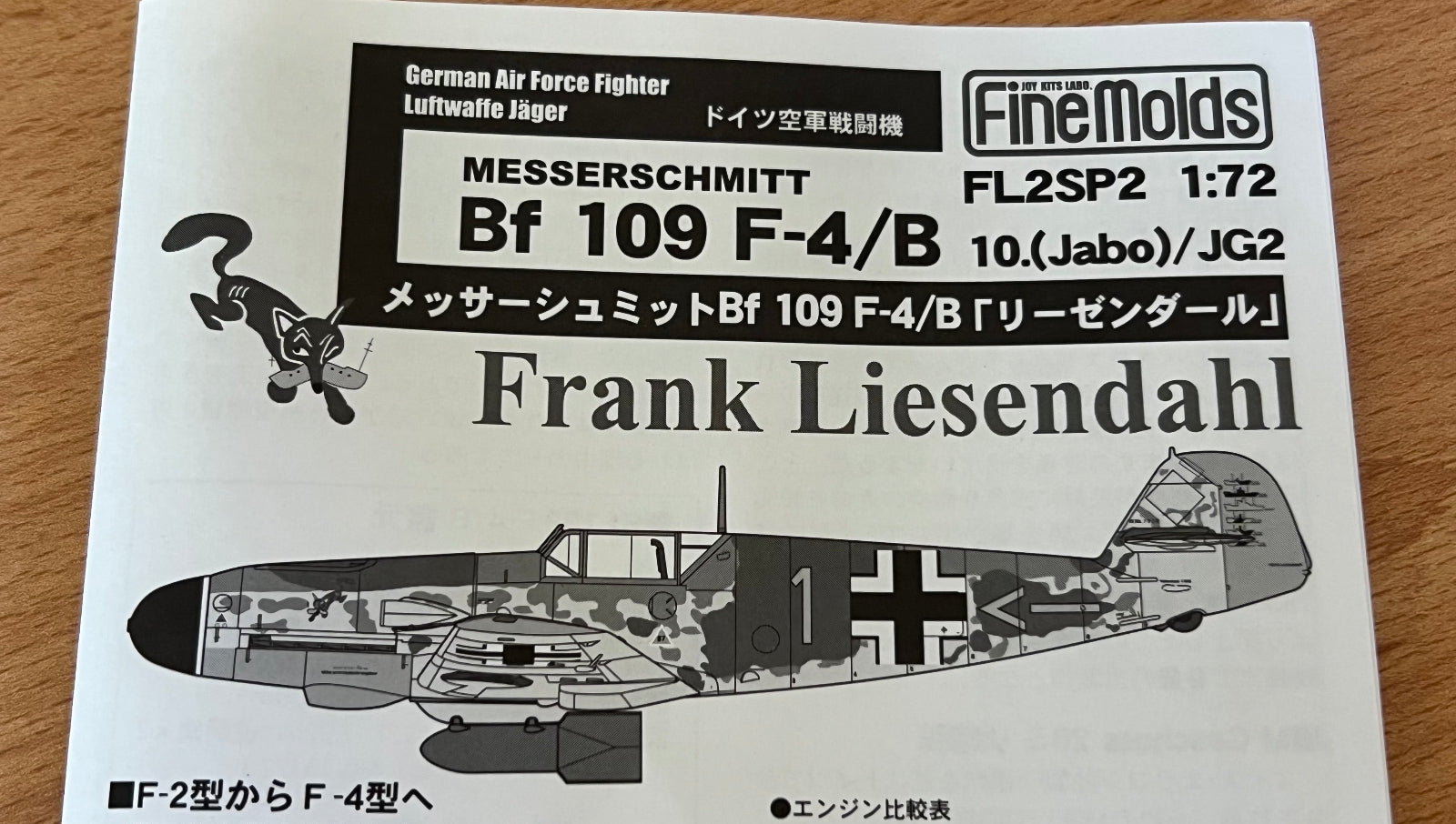 Model airplane kit box for Messerschmitt Bf 109 F-4/B with branding and specifications.