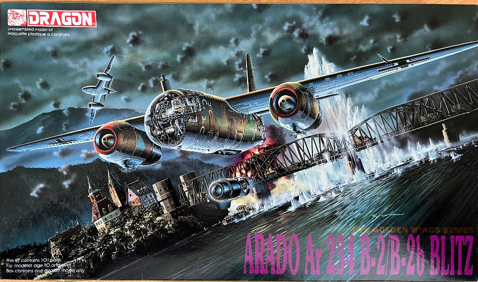 Model airplane kit box with 'Arado Ar 234 B-2/B-2b Blitz' design, featuring a bridge and cityscape background.