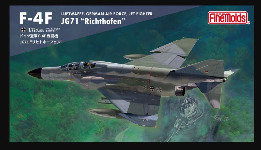 Fine Molds F-4F kit box art showing an aircraft in flight over a castle