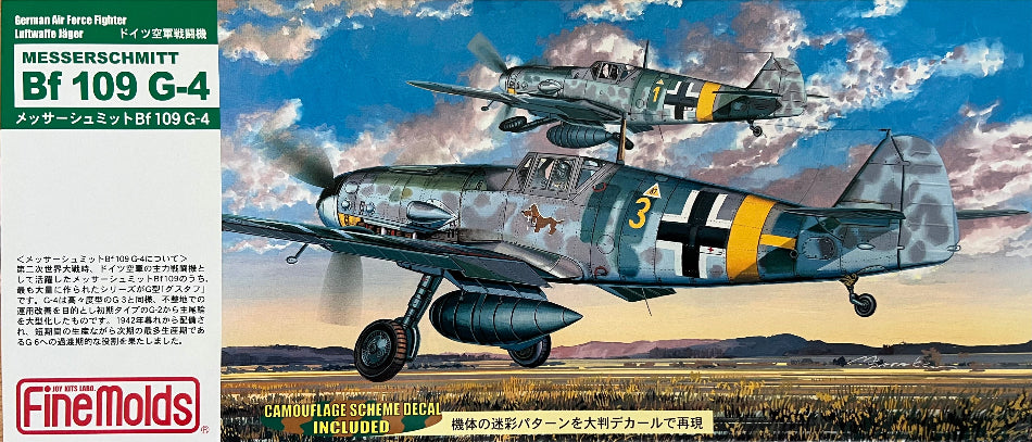Model airplane packaging for Messerschmitt Bf 109 G-4 with a scenic background
