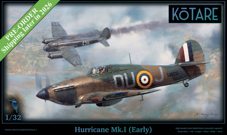 Model kit of a Hurricane Mk.I airplane with 'Kötare' branding and pre-order information.