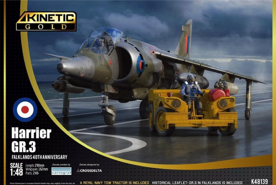 Kinetic K48139 1/48 Harrier GR.3 Falklands 40th Anniversary kit with RN Tow Tractor - BlackMike Models