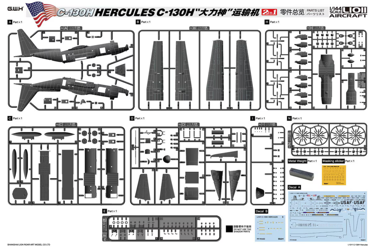 Great Wall Hobby kit for C-130H Hercules with parts laid out on a white background