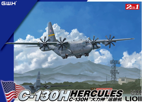 Great Wall Hobby model airplane packaging for C-130H Hercules with a blue border and G.W.H. branding.