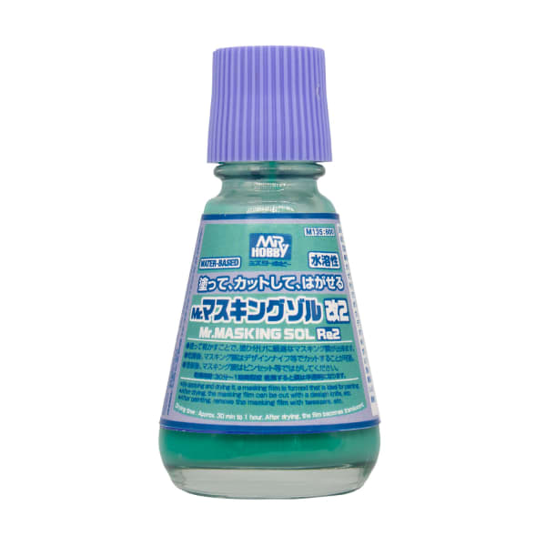 Bottle of Mr. Masking Sol Re2 with a purple cap on a white background