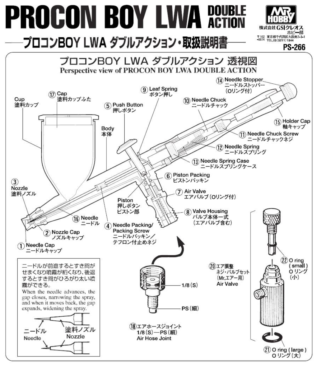 Technical diagram of Procon Boy PS-266 LWA double action spray gun with labeled parts.
