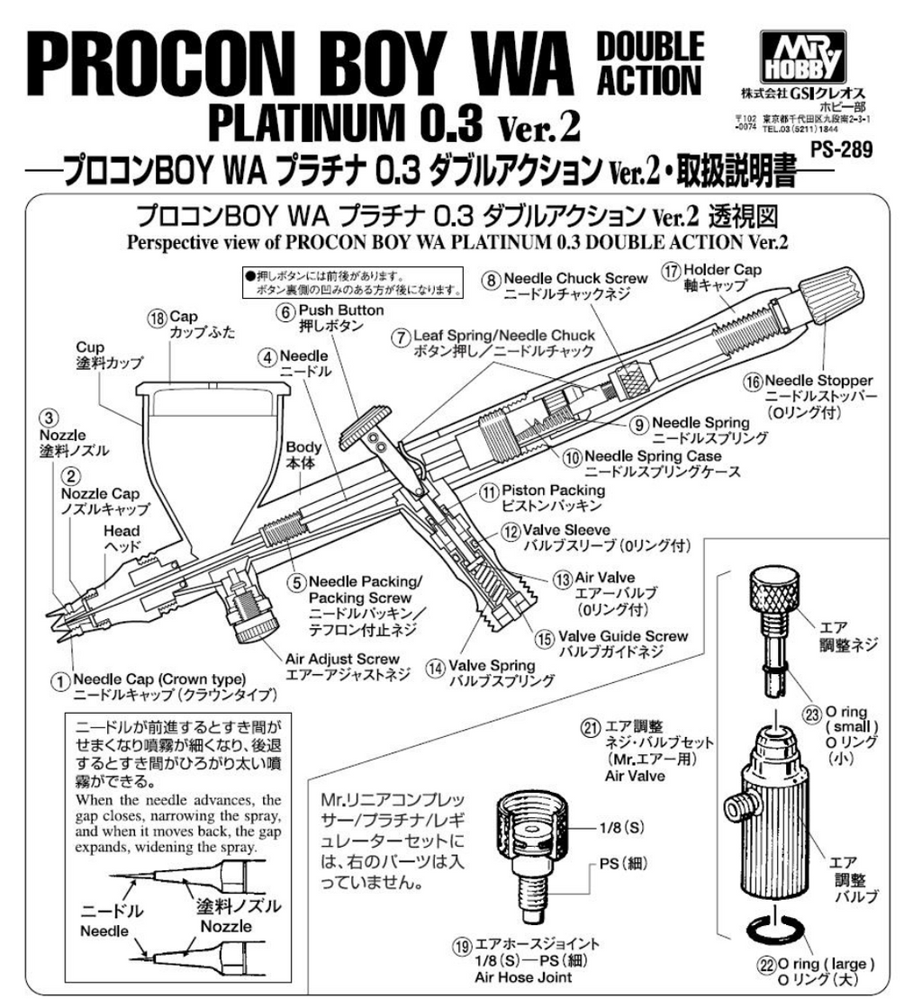 Technical diagram of Procon Boy PS-289 WA Platinum 0.3 Double Action model with labeled parts.