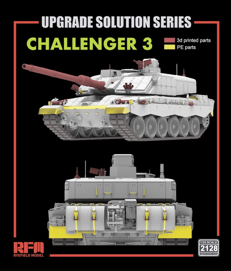 Box cover for a model kit upgrade series product, showing a gray Challenger 3 tank with printed red and yellow parts on a black background. Text reads 'UPGRADE SOLUTION SERIES', 'CHALLENGER 3', and 'RFM RIFELAND MODEL'.