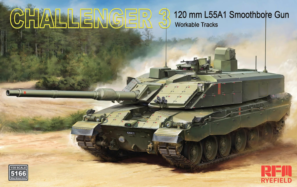 Box art for a model kit showing a green armored military vehicle on a dusty dirt road with trees in the background. Large text reads 'CHALLENGER 3', '120 mm L55A1 Smoothbore Gun', and 'Workable Tracks'.