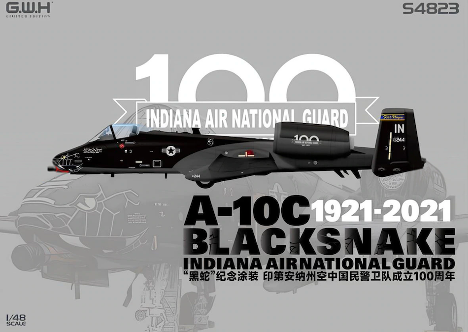 Model of an A-10C aircraft with 'Indiana Air National Guard' branding on a gray background