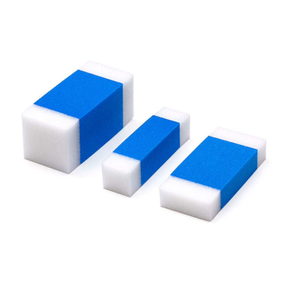 Three Tamiya blue and white polishing sponges on a white background