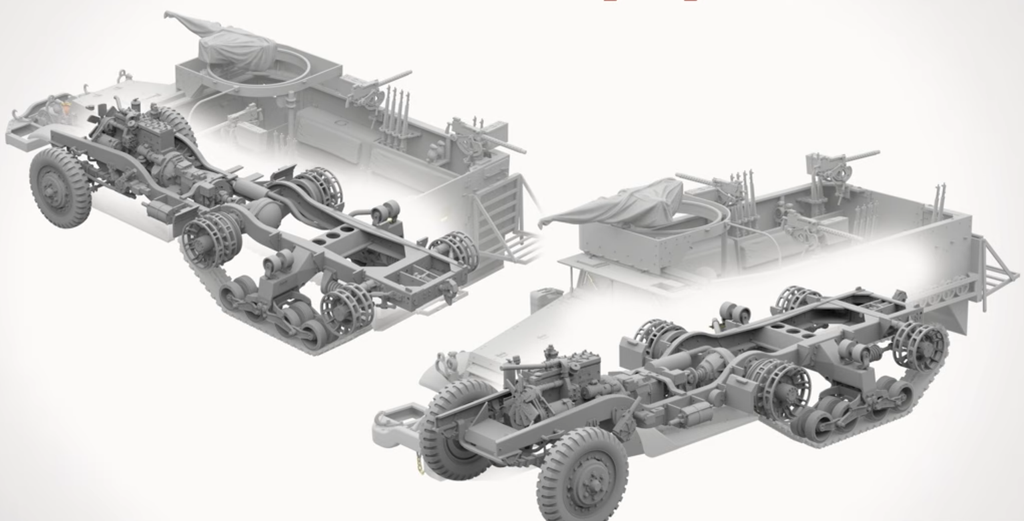 Model car chassis and components on a white background