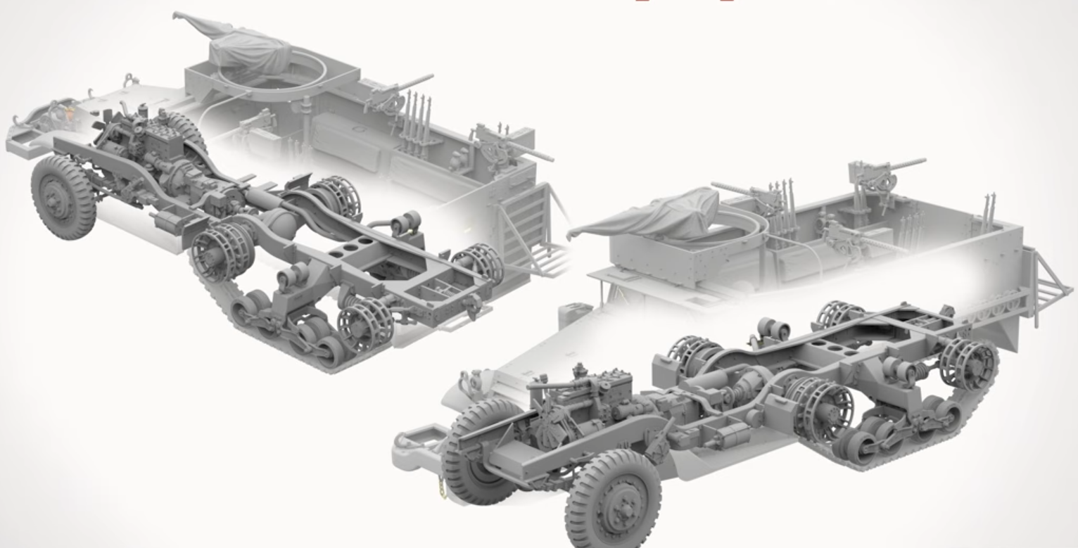 Model car chassis and components on a white background