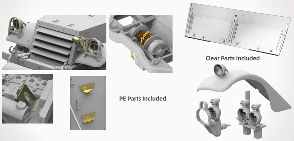 Collection of mechanical parts with clear and PE components included, on a white background.