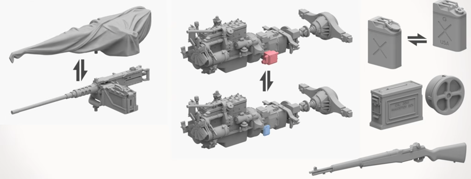 Gray model parts of a vehicle on a white background