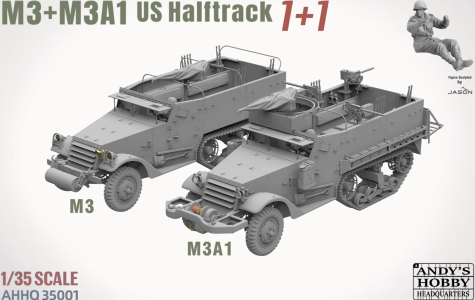 Model kit of M3 and M3A1 US halftracks with a figure on a white background, featuring Andy's Hobby branding.