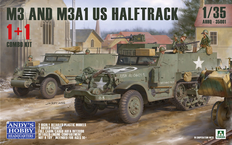 Box art for Andy's Hobby Headquarters 1/35 scale model kit of M3 and M3A1 US Halftrack vehicles, featuring a detailed illustration of the models in a snowy battlefield setting.